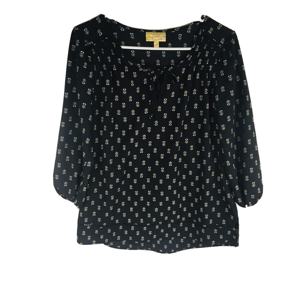 Princess Vera Wang Shirt Womens Size Small Black Sheer Peasant Floral 3/4 Sleeve